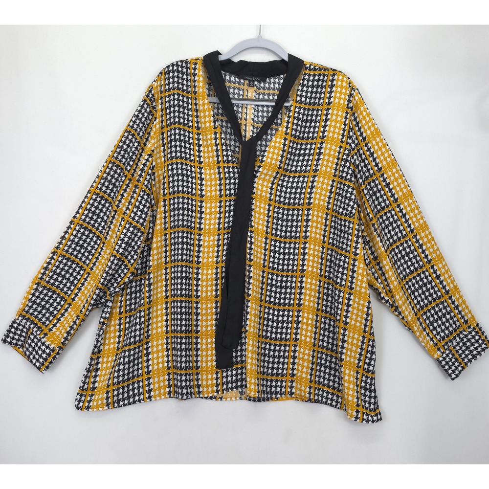New Look Women 3X Yellow Black Houndstooth Plaid Blouse Long Sleeve Office